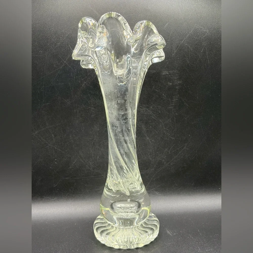 Vintage Mid Century Swung Glass Vase Chunky Ruffled Thick Walled Vessel Decor - Picture 7 of 14